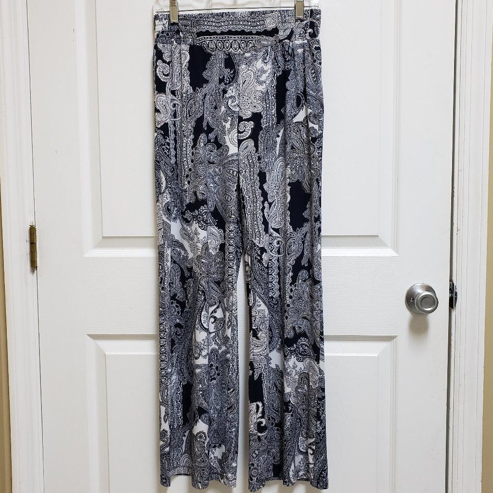 Philosophy Pants Womens S Navy White Gold Metallic Paisley Pull On Preppy Boho